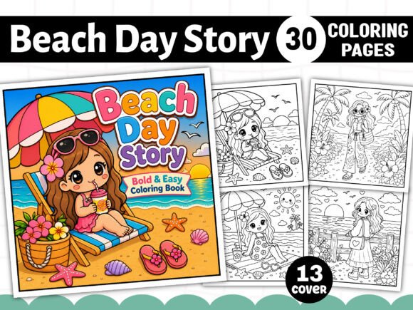 Bold Easy Beach Day Story Coloring Pages & Graphics