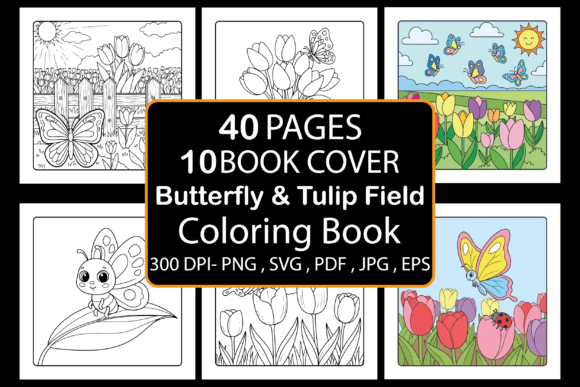 Butterfly Tulip Field Coloring Pages & Graphics