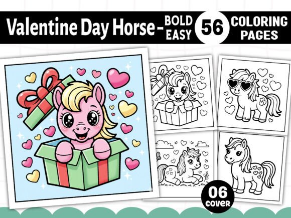 Valentine Day Horse Bold Easy Coloring